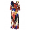 Women Summer Long Maxi Dress Color Block 3/4 Sleeve Boho Beach Dress Evening Party Sundress Vestidos