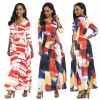 Women Summer Long Maxi Dress Color Block 3/4 Sleeve Boho Beach Dress Evening Party Sundress Vestidos