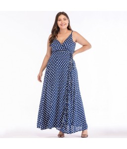 Sexy Women Maxi Dress Dot Print High Split Spaghetti Strap Deep V Neck Sundress Beach Long Dress Red