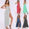 Sexy Women Maxi Dress Dot Print High Split Spaghetti Strap Deep V Neck Sundress Beach Long Dress Red