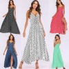 Sexy Women Maxi Dress Dot Print High Split Spaghetti Strap Deep V Neck Sundress Beach Long Dress Red