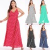 Sexy Women Maxi Dress Dot Print High Split Spaghetti Strap Deep V Neck Sundress Beach Long Dress Red