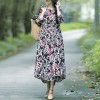 Women Cotton Linen Dress Vintage Print O-Neck Long Sleeve Boho Loose Plus Size Long Dress Black/Light Blue/Burgundy