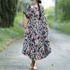 Women Cotton Linen Dress Vintage Print O-Neck Long Sleeve Boho Loose Plus Size Long Dress Black/Light Blue/Burgundy