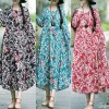 Women Cotton Linen Dress Vintage Print O-Neck Long Sleeve Boho Loose Plus Size Long Dress Black/Light Blue/Burgundy