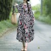 Women Cotton Linen Dress Vintage Print O-Neck Long Sleeve Boho Loose Plus Size Long Dress Black/Light Blue/Burgundy