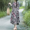 Women Cotton Linen Dress Vintage Print O-Neck Long Sleeve Boho Loose Plus Size Long Dress Black/Light Blue/Burgundy