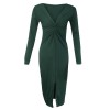 Women Dress Pure Color Deep V Neck Twist Ruching Splits Long Sleeve Slim Midi Elegant One-Piece