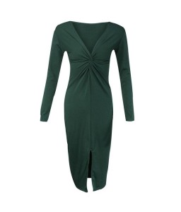 Women Dress Pure Color Deep V Neck Twist Ruching Splits Long Sleeve Slim Midi Elegant One-Piece