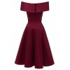 Elegant Women Off Shoulder Dress V Neck Short Sleeve Solid Pleated Cocktail Party A-line Swing Dress Burgundy/Dark Blue