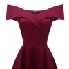 Elegant Women Off Shoulder Dress V Neck Short Sleeve Solid Pleated Cocktail Party A-line Swing Dress Burgundy/Dark Blue