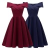 Elegant Women Off Shoulder Dress V Neck Short Sleeve Solid Pleated Cocktail Party A-line Swing Dress Burgundy/Dark Blue