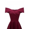 Elegant Women Off Shoulder Dress V Neck Short Sleeve Solid Pleated Cocktail Party A-line Swing Dress Burgundy/Dark Blue