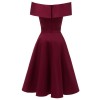 Elegant Women Off Shoulder Dress V Neck Short Sleeve Solid Pleated Cocktail Party A-line Swing Dress Burgundy/Dark Blue