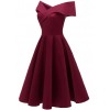 Elegant Women Off Shoulder Dress V Neck Short Sleeve Solid Pleated Cocktail Party A-line Swing Dress Burgundy/Dark Blue