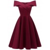 Elegant Women Off Shoulder Dress V Neck Short Sleeve Solid Pleated Cocktail Party A-line Swing Dress Burgundy/Dark Blue