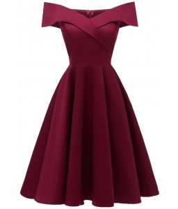 Elegant Women Off Shoulder Dress V Neck Short Sleeve Solid Pleated Cocktail Party A-line Swing Dress Burgundy/Dark Blue