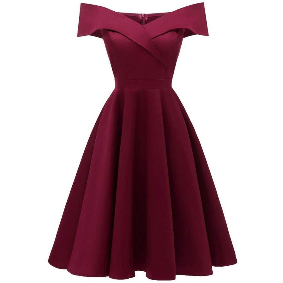 Elegant Women Off Shoulder Dress V Neck Short Sleeve Solid Pleated Cocktail Party A-line Swing Dress Burgundy/Dark Blue