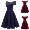 Elegant Women Off Shoulder Dress V Neck Short Sleeve Solid Pleated Cocktail Party A-line Swing Dress Burgundy/Dark Blue