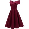 Elegant Women Off Shoulder Dress V Neck Short Sleeve Solid Pleated Cocktail Party A-line Swing Dress Burgundy/Dark Blue