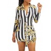 New Fashion Women Shirt Dress Striped Print Three Quarter Sleeve Button Vintage Mini Dress Blue/Yellow