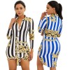 New Fashion Women Shirt Dress Striped Print Three Quarter Sleeve Button Vintage Mini Dress Blue/Yellow