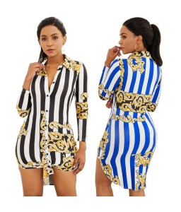 New Fashion Women Shirt Dress Striped Print Three Quarter Sleeve Button Vintage Mini Dress Blue/Yellow