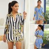 New Fashion Women Shirt Dress Striped Print Three Quarter Sleeve Button Vintage Mini Dress Blue/Yellow