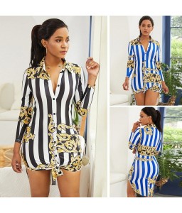 New Fashion Women Shirt Dress Striped Print Three Quarter Sleeve Button Vintage Mini Dress Blue/Yellow