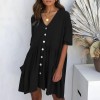 Women V Neck Loose Dress Half Sleeves Pockets Vintage Casual Mini Dress Tunics