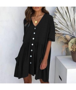 Women V Neck Loose Dress Half Sleeves Pockets Vintage Casual Mini Dress Tunics