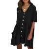 Women V Neck Loose Dress Half Sleeves Pockets Vintage Casual Mini Dress Tunics