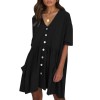 Women V Neck Loose Dress Half Sleeves Pockets Vintage Casual Mini Dress Tunics