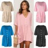 Women V Neck Loose Dress Half Sleeves Pockets Vintage Casual Mini Dress Tunics