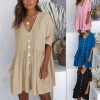 Women V Neck Loose Dress Half Sleeves Pockets Vintage Casual Mini Dress Tunics