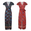 Women Floral Print Long Dress Wraparound Short Sleeves Deep V Neck Split Vintage Boho Maxi Casual Dress