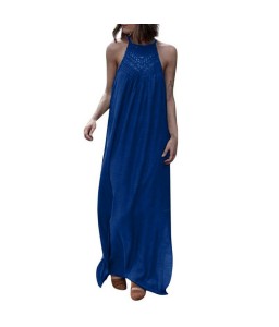 Women Sleeveless Maxi Dress Crocheted Lace Hollow Out Spaghetti Shoulder Straps Slit Side Holiday Boho Casual Long Dress