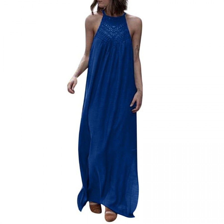 Women Sleeveless Maxi Dress Crocheted Lace Hollow Out Spaghetti Shoulder Straps Slit Side Holiday Boho Casual Long Dress