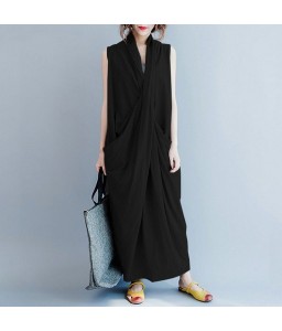 Women Casual Long Dress Oversized Deep V-Neck Sleeveless Cross Pockets Party Maxi Dress