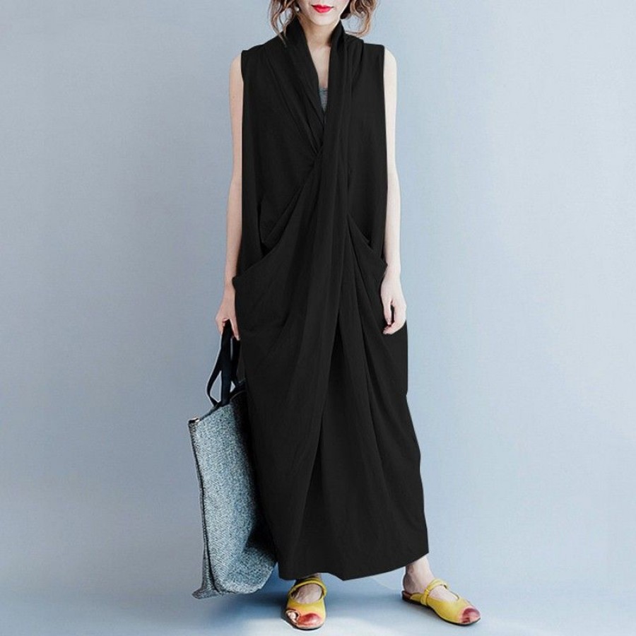 Women Casual Long Dress Oversized Deep V-Neck Sleeveless Cross Pockets Party Maxi Dress