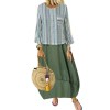 Women Casual Loose Fake Two Piece Dress O Neck Long Sleeve Pocket Vintage Plus Size Long Dress Light Blue/Green