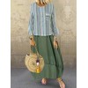 Women Casual Loose Fake Two Piece Dress O Neck Long Sleeve Pocket Vintage Plus Size Long Dress Light Blue/Green