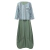 Women Casual Loose Fake Two Piece Dress O Neck Long Sleeve Pocket Vintage Plus Size Long Dress Light Blue/Green