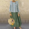 Women Casual Loose Fake Two Piece Dress O Neck Long Sleeve Pocket Vintage Plus Size Long Dress Light Blue/Green