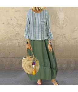 Women Casual Loose Fake Two Piece Dress O Neck Long Sleeve Pocket Vintage Plus Size Long Dress Light Blue/Green