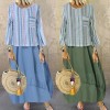 Women Casual Loose Fake Two Piece Dress O Neck Long Sleeve Pocket Vintage Plus Size Long Dress Light Blue/Green