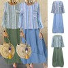 Women Casual Loose Fake Two Piece Dress O Neck Long Sleeve Pocket Vintage Plus Size Long Dress Light Blue/Green