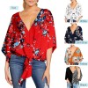 Women Plus Size Loose Blouse V Neck Flared 3/4 Sleeves Knoted Hem Printed Vintage Holiday Spring Summer Casual Shirts