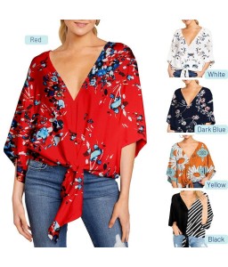 Women Plus Size Loose Blouse V Neck Flared 3/4 Sleeves Knoted Hem Printed Vintage Holiday Spring Summer Casual Shirts