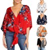 Women Plus Size Loose Blouse V Neck Flared 3/4 Sleeves Knoted Hem Printed Vintage Holiday Spring Summer Casual Shirts